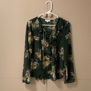 Elegant Floral Ruffle Blouse in Dark Green